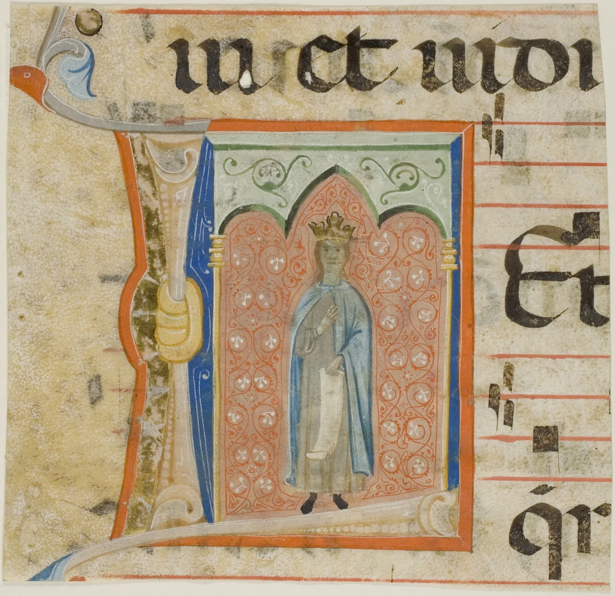 Female Saint in a Historiated Initial "L" from a Choir Book by Master of the Dominican Effigies, painting, 1330-1340