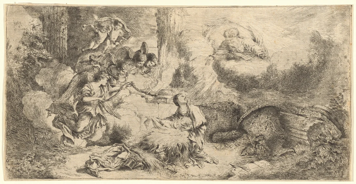 God the Father and Angels Adoring the Christ Child by Giovanni Benedetto Castiglione, print, 1650-1660