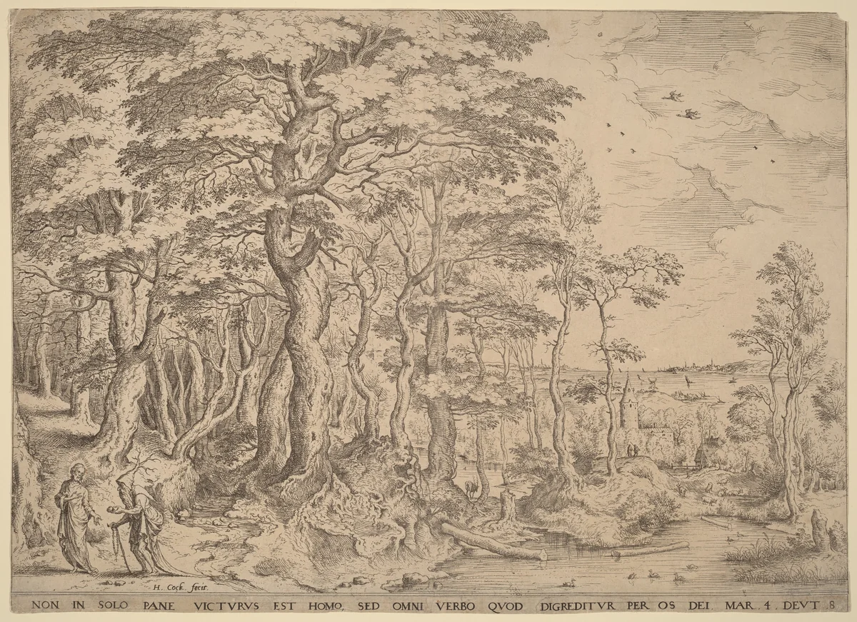 Landscape with the Temptation of Christ by Hieronymus Cock; Pieter Bruegel the Elder, print, 1549-1559