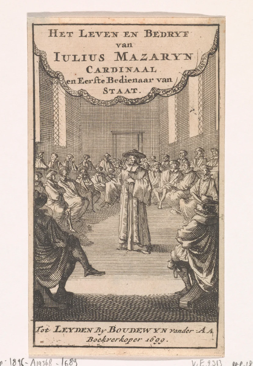 Kardinaal Mazarin te midden van een vergadering by Caspar Luyken, print, 1699