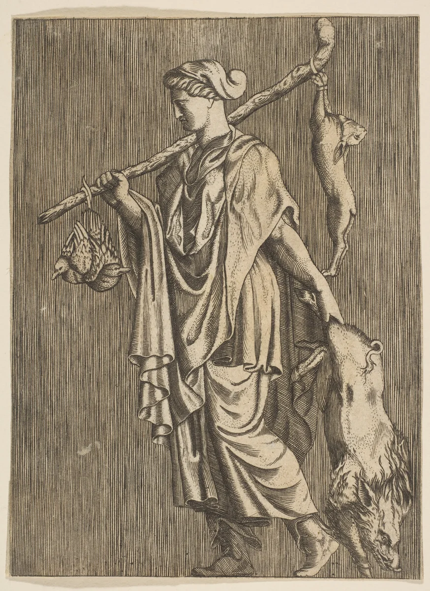Woman returning from a hunt carrying a boar in her left hand and a stick on her right shoulder to which a hare and two ducks are tied by anonymous, print, 1515-1600