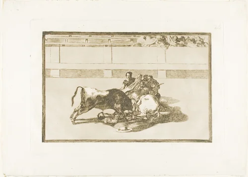 A Picador is Unhorsed and Falls under the Bull, plate 26 from The Art of Bullfighting by Francisco José de Goya, print, 1814-1816