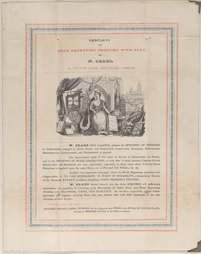 Trade Card for W. Sears, Wood Engraver by Matthew Urlwin Sears, print, 1824
