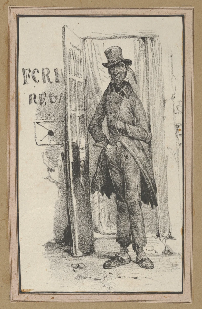 Man standing in a doorway by Victor Adam, print, 1820-1866