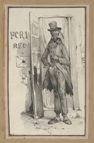 Man standing in a doorway by Victor Adam, print, 1820-1866