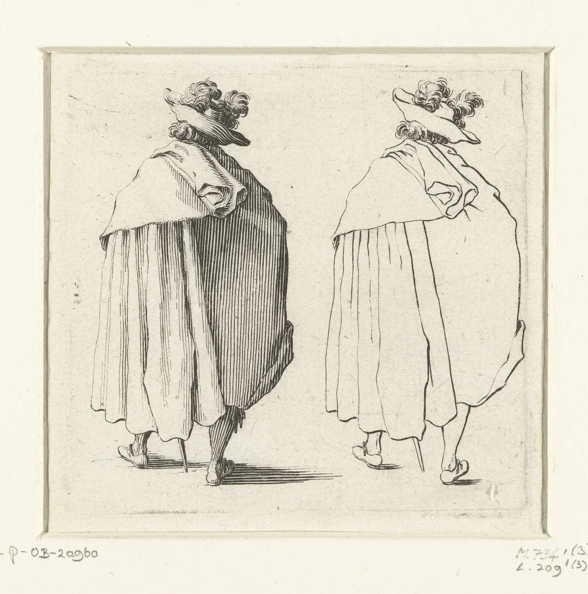 Tweemaal dezelfde soldaat met grote gepluimde hoed en mantel, op de rug gezien by Jacques Callot, print, 1621-1624