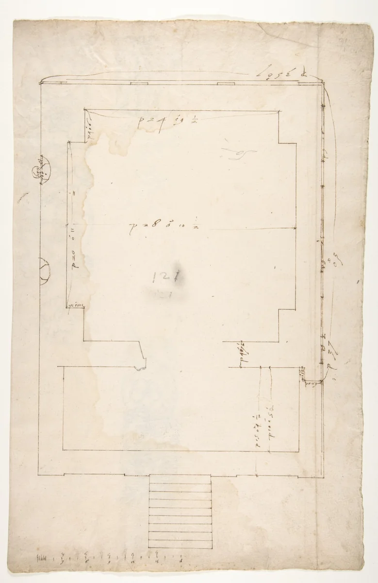 Tomb of Annia Regilla, plan (recto) Arch of the Argentarii, ornamental details, elevation (verso) by anonymous, drawing, 1500-1560