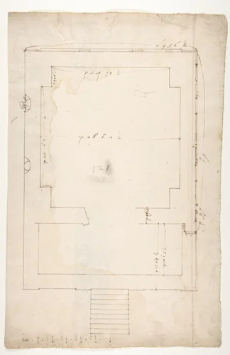 Tomb of Annia Regilla, plan (recto) Arch of the Argentarii, ornamental details, elevation (verso) by anonymous, drawing, 1500-1560
