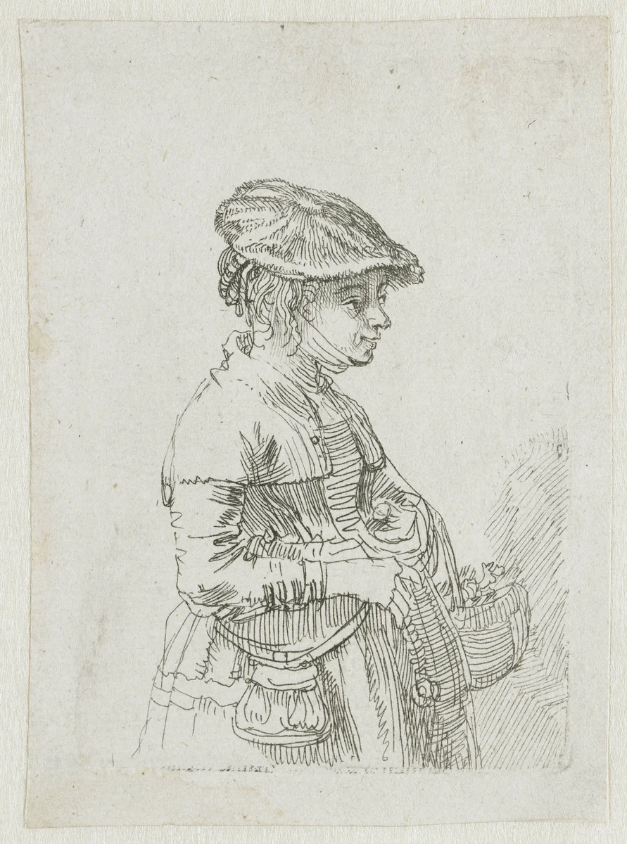 Girl with a basket by Rembrandt van Rijn, print, 1642