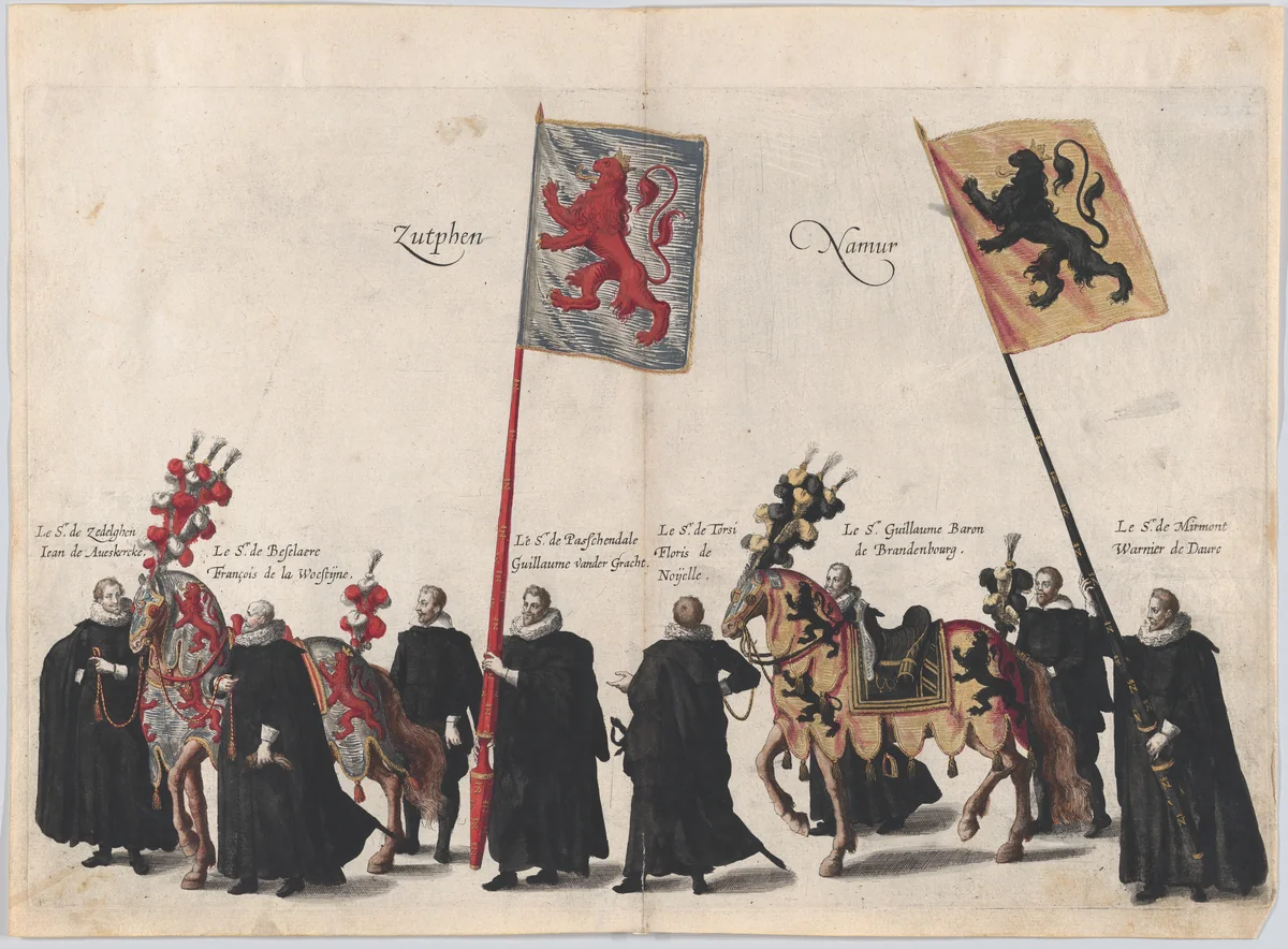 Plate 36: Men with heraldic flags and horses from Zutphen and Namur marching in the funeral procession of Archduke Albert of Austria; from 'Pompa Funebris ... Alberti Pii' by Cornelis Galle, print, 1623