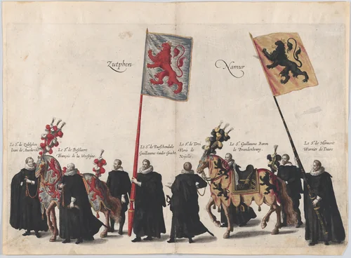 Plate 36: Men with heraldic flags and horses from Zutphen and Namur marching in the funeral procession of Archduke Albert of Austria; from 'Pompa Funebris ... Alberti Pii' by Cornelis Galle, print, 1623