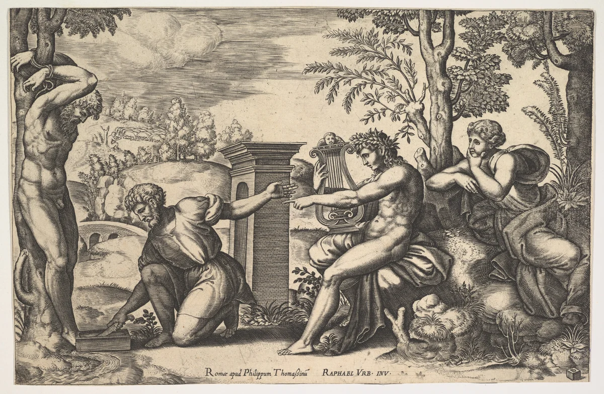 Apollo seated at the right with a lyre on his knee, pointing to a kneeling man who is about to flay Marsyas who is tied naked to a tree at left by Master of the Die, print, 1530-1560