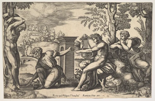 Apollo seated at the right with a lyre on his knee, pointing to a kneeling man who is about to flay Marsyas who is tied naked to a tree at left by Master of the Die, print, 1530-1560