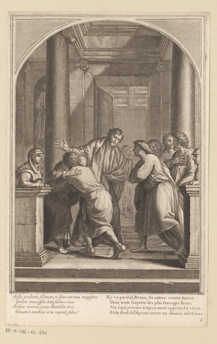 Heilige Bruno en enkele van zijn discipelen doen afstand van de wereld by François Chauveau, print, 1623-1676