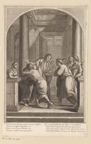 Heilige Bruno en enkele van zijn discipelen doen afstand van de wereld by François Chauveau, print, 1623-1676