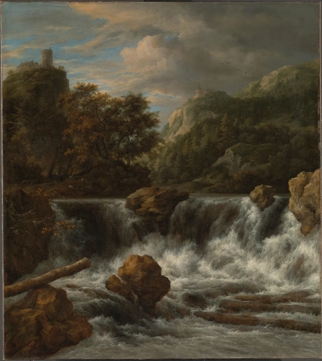 Mountainous Landscape with Waterfall by Jacob Isaacksz van Ruisdael, painting, 1650-1682