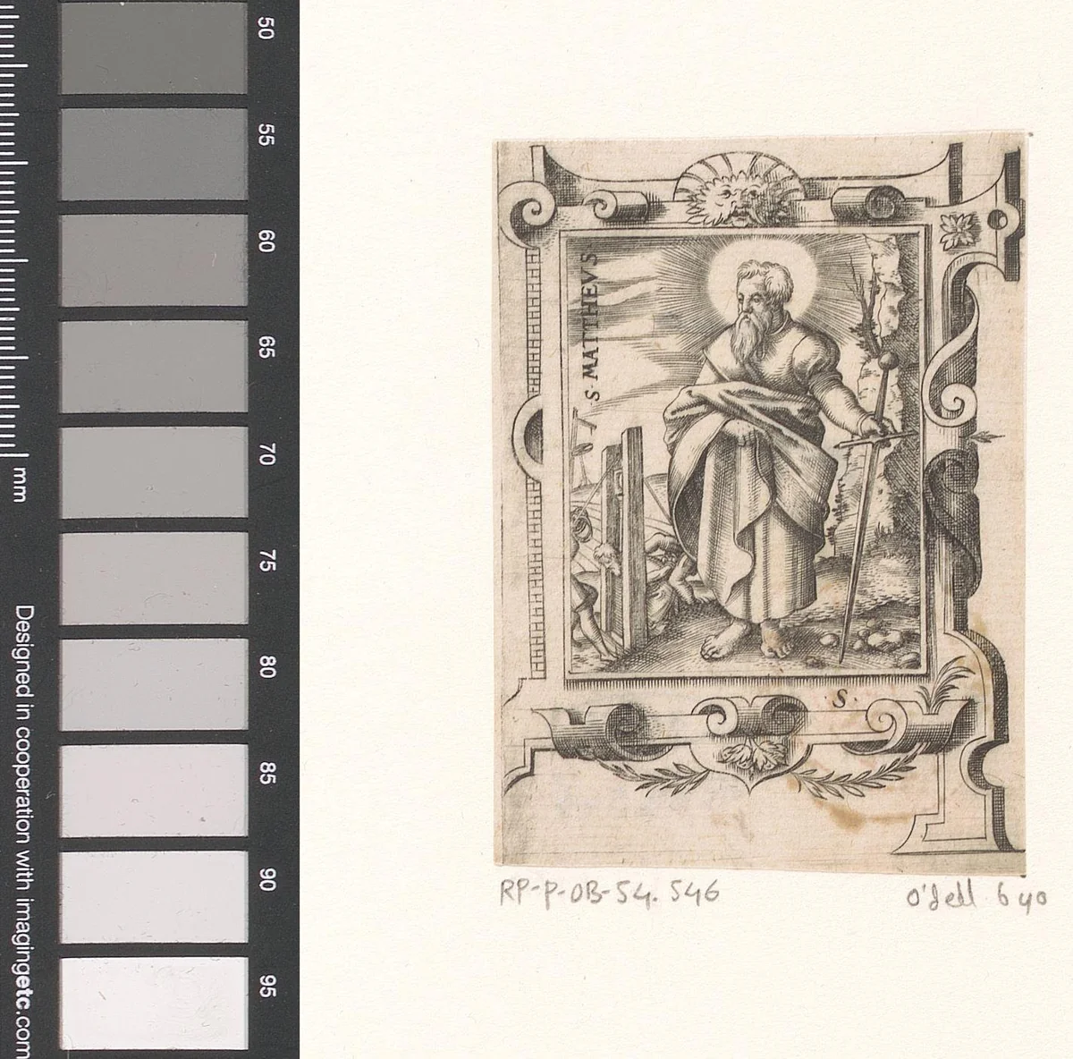 Heilige Matteüs in een rolwerk omlijsting by Unknown, print, 1568