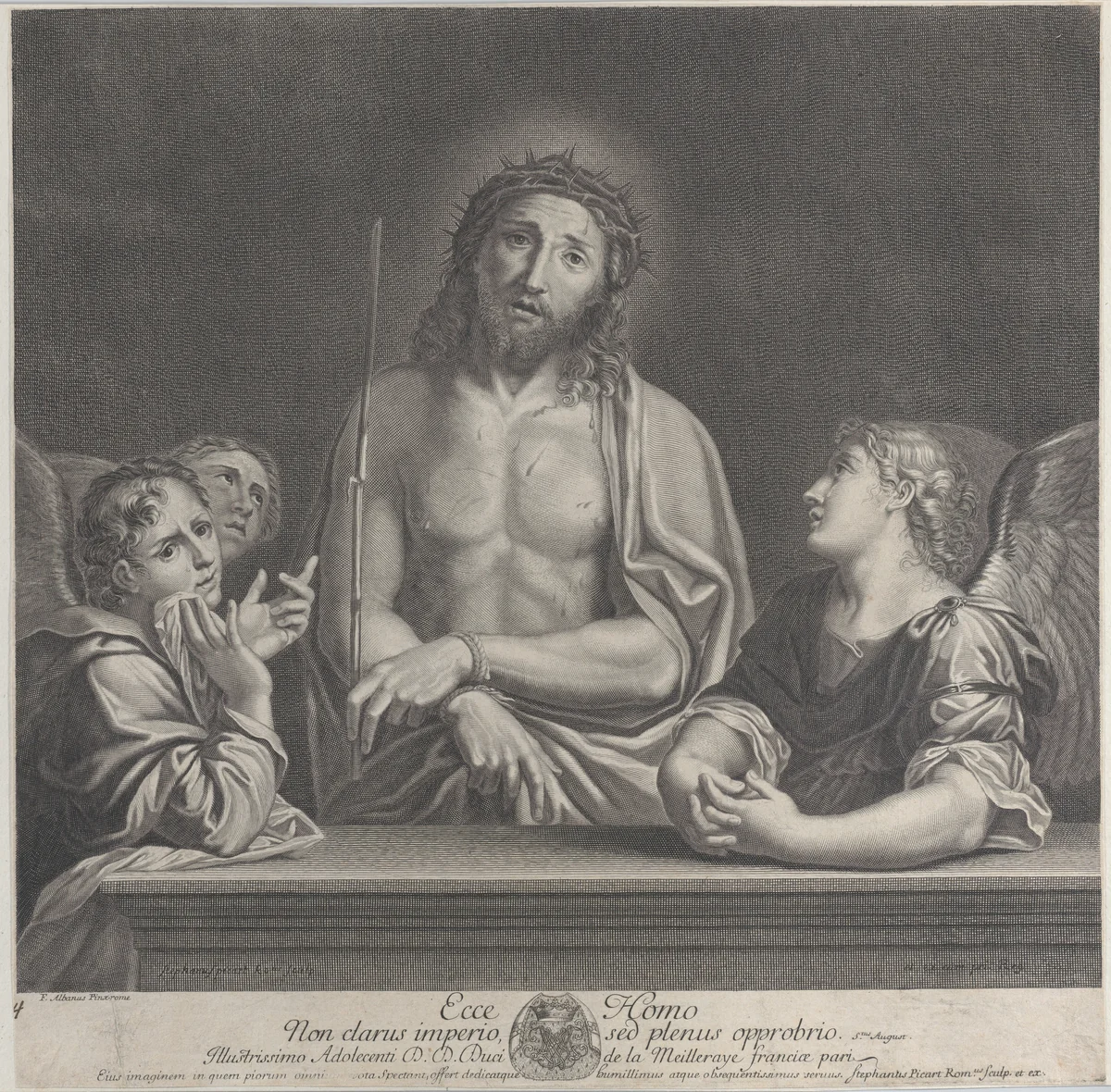Ecce Homo with three angels by Etienne Picart, print, 1652-1721