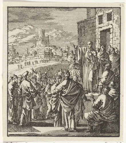 Petrus predikt op stoep van een woning by Jan Luyken, print, 1706