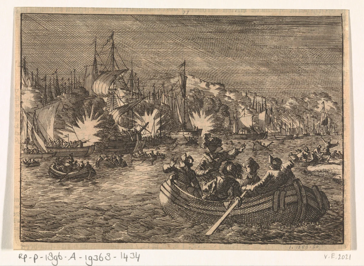 Spaanse vloot op de Schelde door Hollanders veroverd en verbrand, 1631 by Caspar Luyken, print, 1698