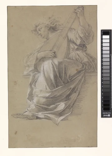 Zittende luitspelende engel by Simon Vouet, drawing, 1600-1649