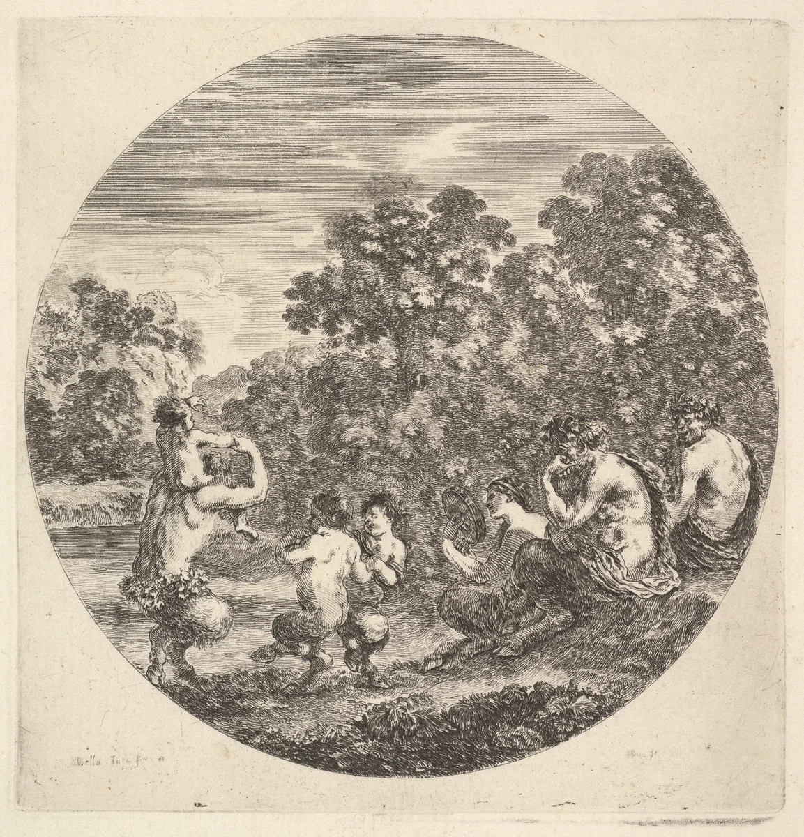Two satyrs and a faun seated to right watching two child satyrs and another satyr with an child on his shoulders dance to left, from "Six Animal Subjects" (Six Sujets d'Animaux) by Stefano della Bella, print, 1643-1648