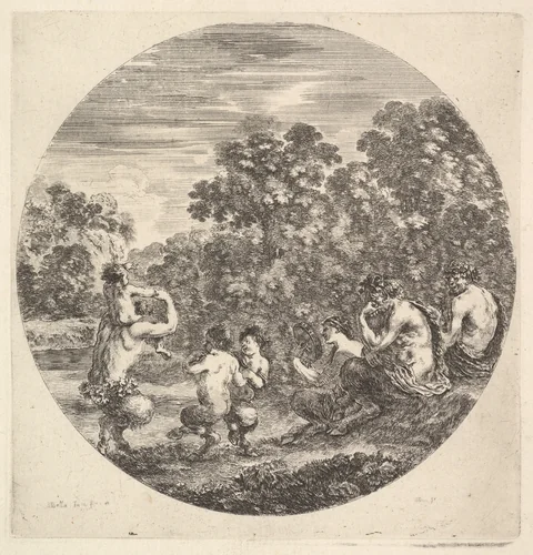 Two satyrs and a faun seated to right watching two child satyrs and another satyr with an child on his shoulders dance to left, from "Six Animal Subjects" (Six Sujets d'Animaux) by Stefano della Bella, print, 1643-1648