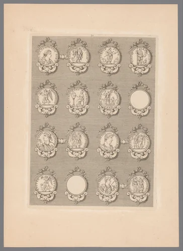 Zestien penningen met versierde lijsten, waarvan twee blanco by Simon de la Boissière, print, 1647-1682