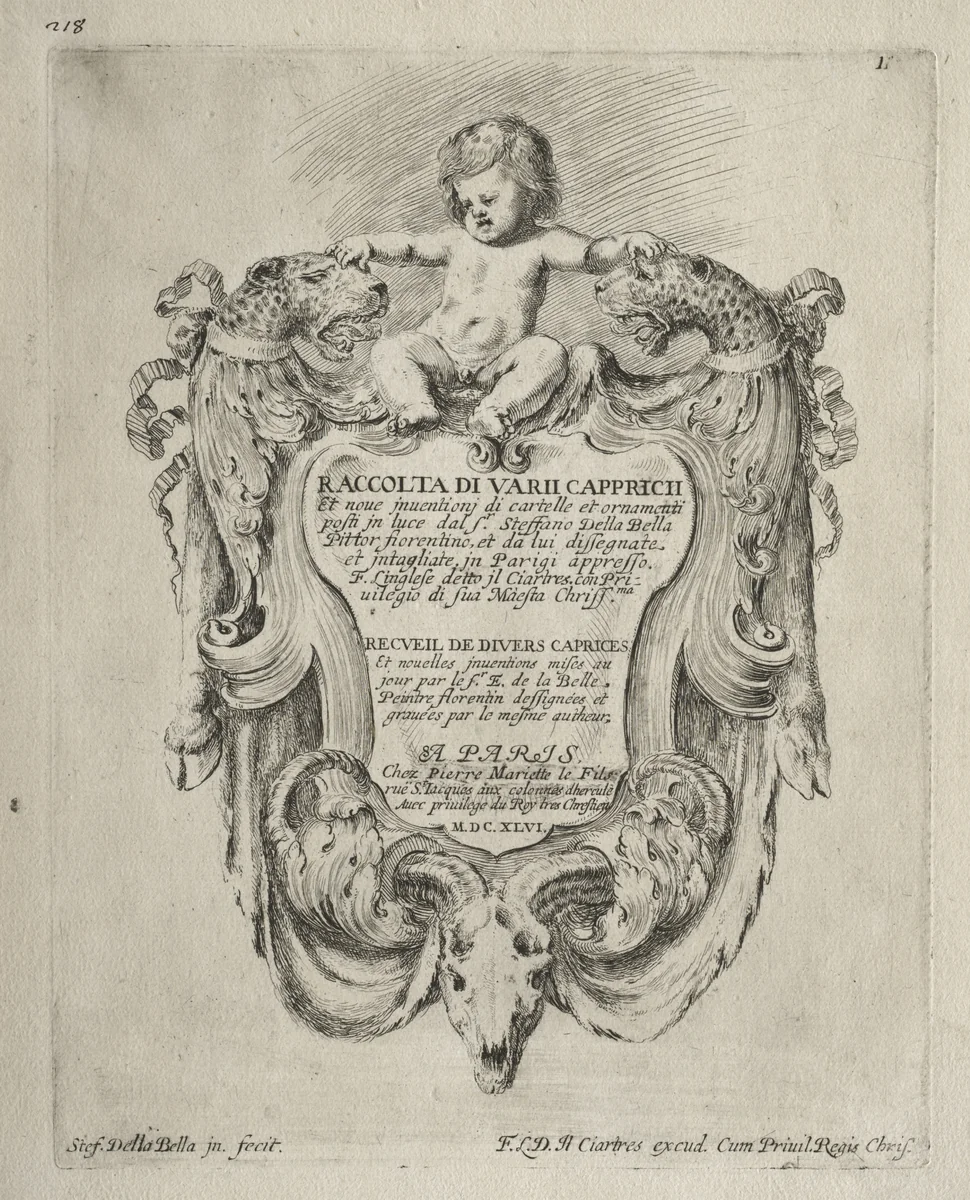 Collection of Various Caprices and New Designs of Cartouches and Ornaments: No 1, Title Page by Stefano della Bella, print, 1646
