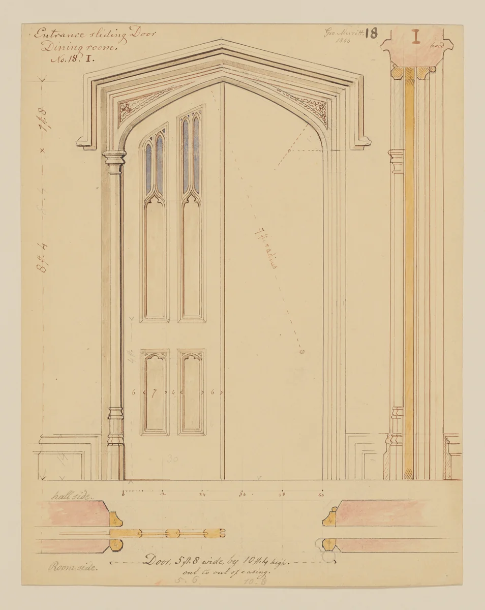 Technical Drawing of the Sliding Door for the Dining Room at Lyndhurst for George Merritt, Tarrytown, New York by Alexander Jackson Davis, drawing, 1866