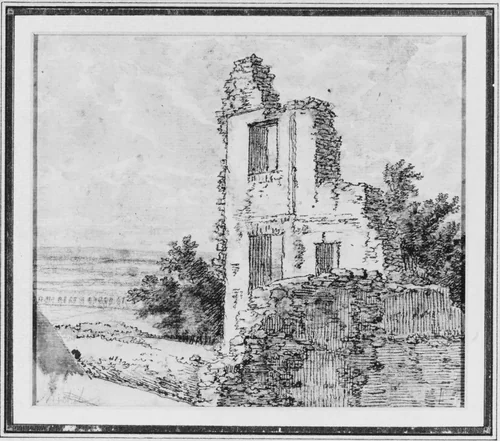 An Allée of Trees in a Park (recto); The Ruins of a Building on a Hill (verso) by Georges Michel, drawing, 1775-1843