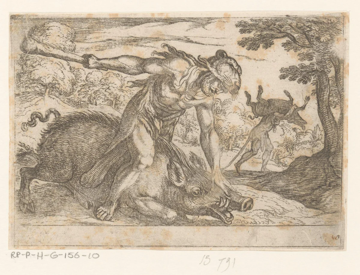 Hercules en het zwijn van Erymanthus by Antonio Tempesta, print, 1608