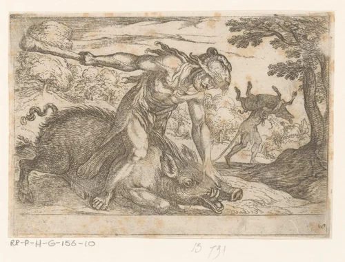 Hercules en het zwijn van Erymanthus by Antonio Tempesta, print, 1608
