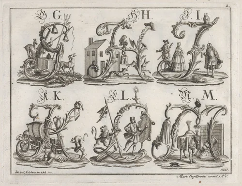Decorated Roman alphabet by Johann David Nessenthaler, print, 1755