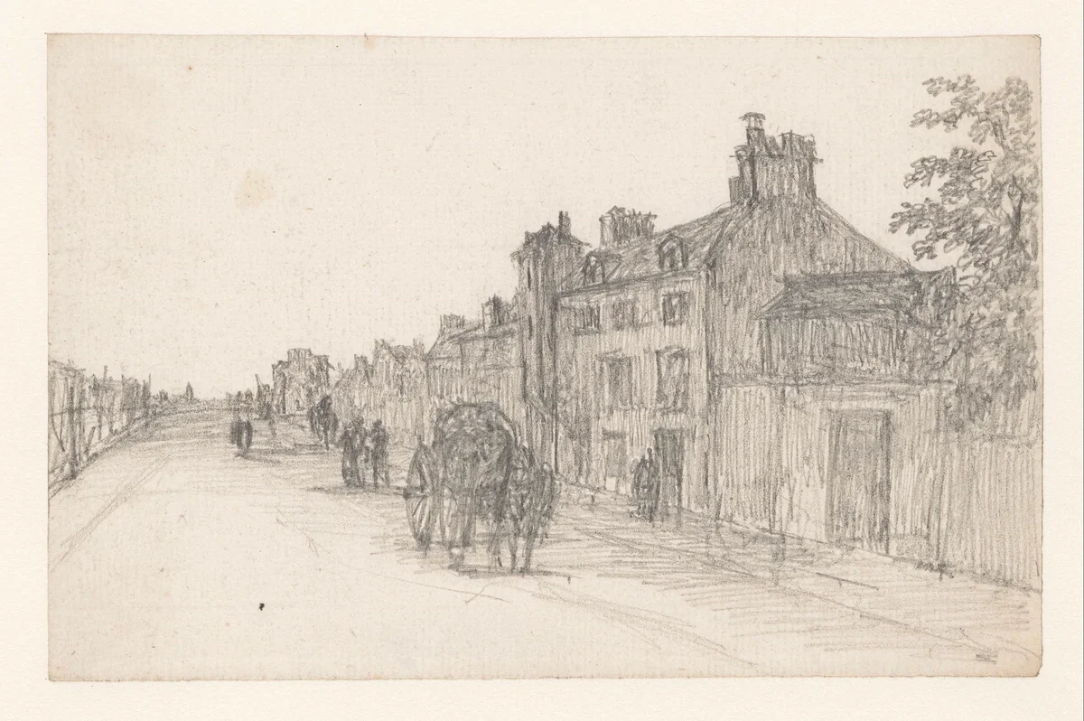 Straatweg met sleperskar; rechts huizen by Georges Michel, drawing, 1773-1843
