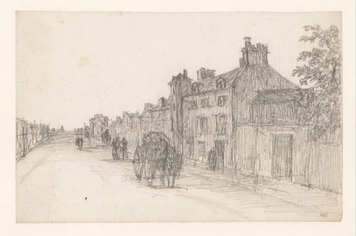 Straatweg met sleperskar; rechts huizen by Georges Michel, drawing, 1773-1843
