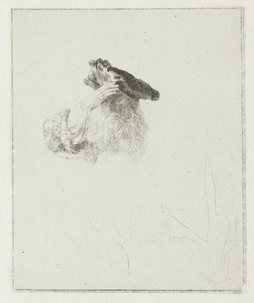 Old man shading his eyes with his hand by Rembrandt van Rijn, print, 1639