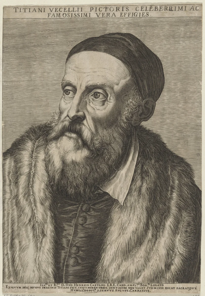 Portret van schilder Titiaan by Agostino Carracci, print, 1587