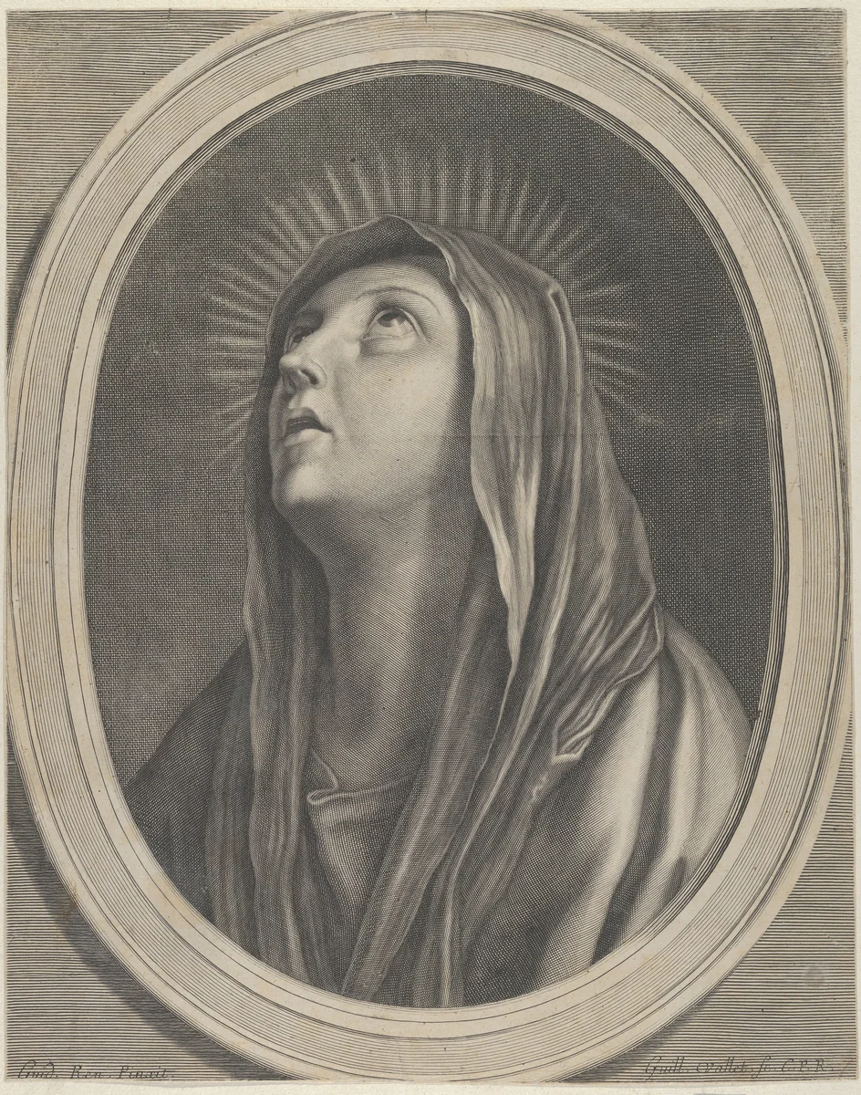 The Virgin looking up to the left, in bust length in an oval frame, after Reni by Guillaume Vallet, print, 1645-1704
