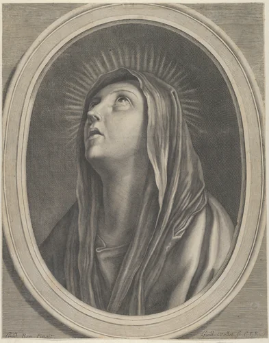 The Virgin looking up to the left, in bust length in an oval frame, after Reni by Guillaume Vallet, print, 1645-1704