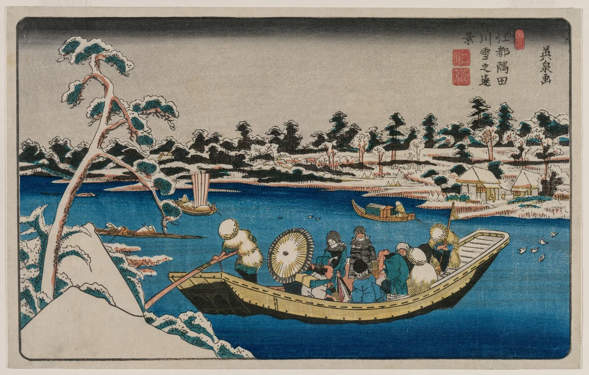 A Distant View of Snow on the Sumida River in Edo by Ikeda Eisen, print, 1830-1834
