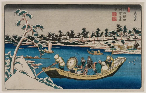 A Distant View of Snow on the Sumida River in Edo by Ikeda Eisen, print, 1830-1834