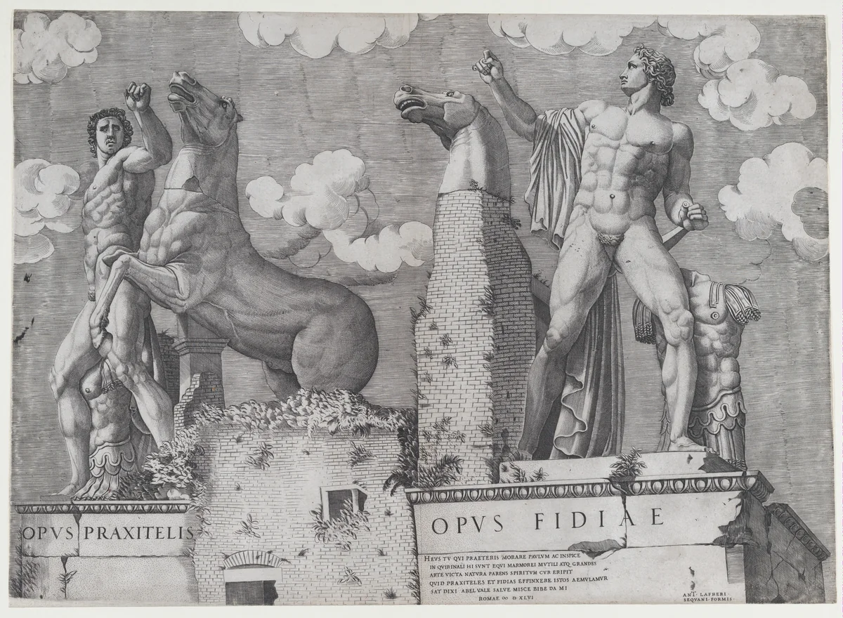 Statues of the Dioscuri at the Quirinal, Rome, from "Speculum Romanae Magnificentiae" by anonymous, print, 1546