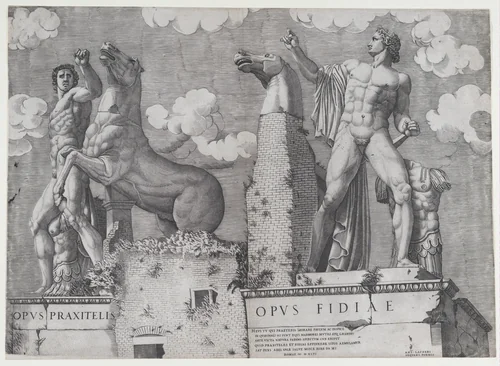 Statues of the Dioscuri at the Quirinal, Rome, from "Speculum Romanae Magnificentiae" by anonymous, print, 1546