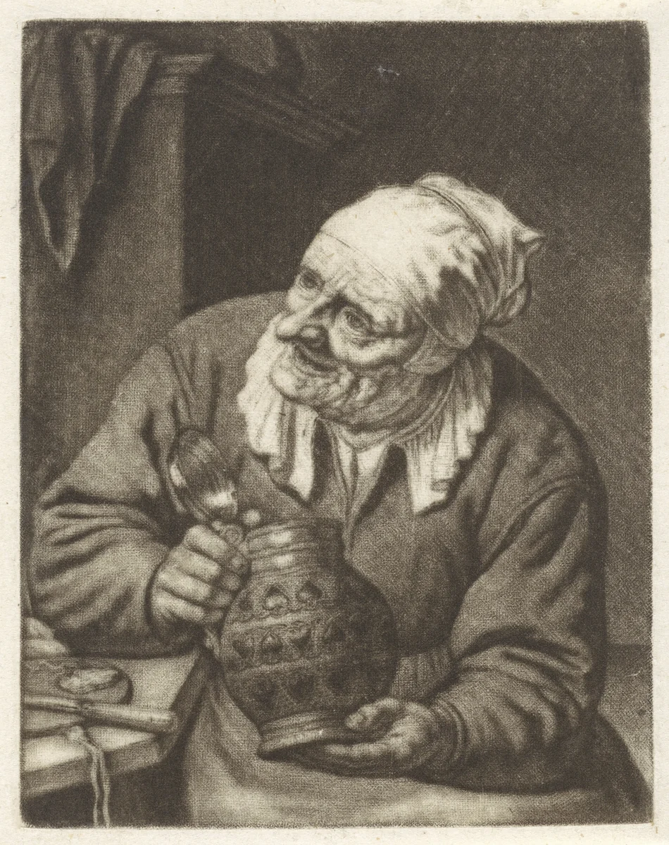 Oude vrouw met een kruik by Aert Schouman, print, 1720-1792