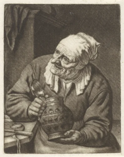 Oude vrouw met een kruik by Aert Schouman, print, 1720-1792