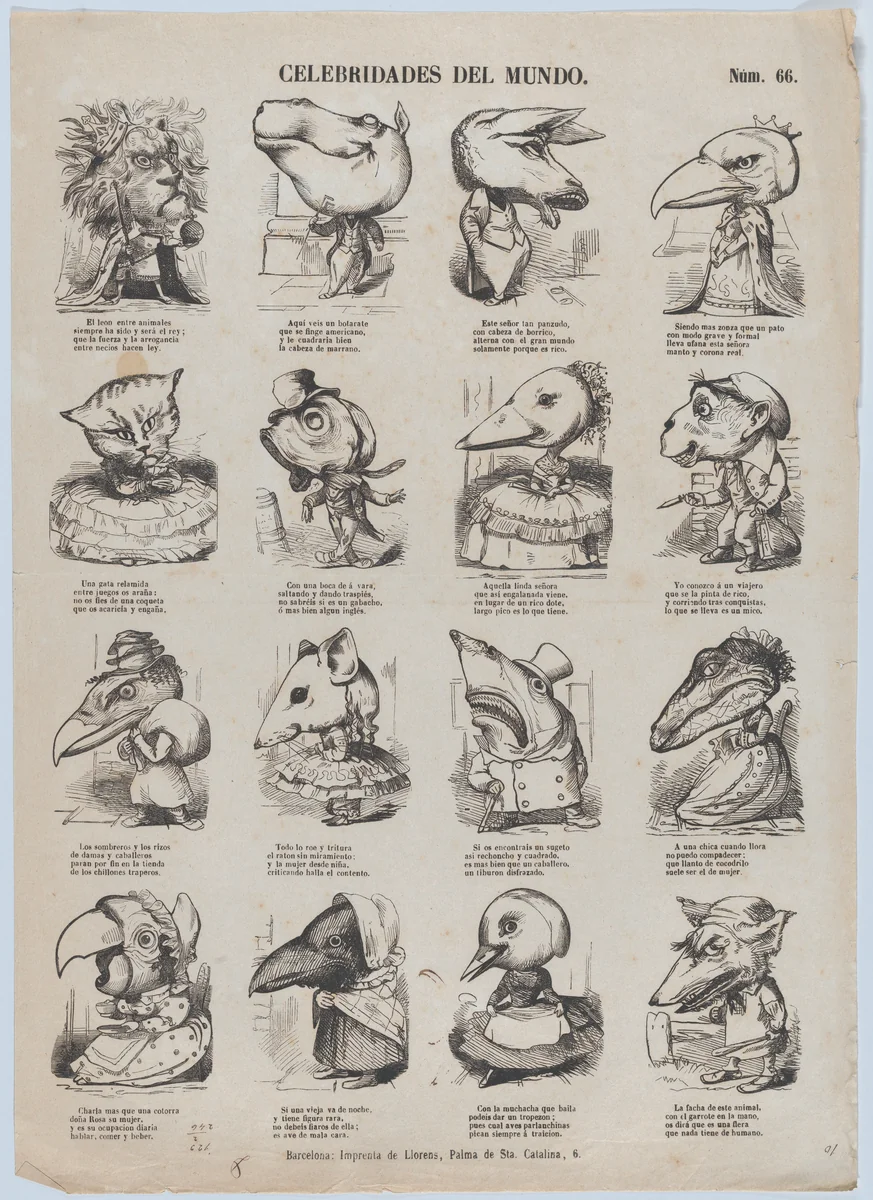 Broadside with 16 caricature figures representing celebrities of the world by Juan Llorens, print, 1855-1865