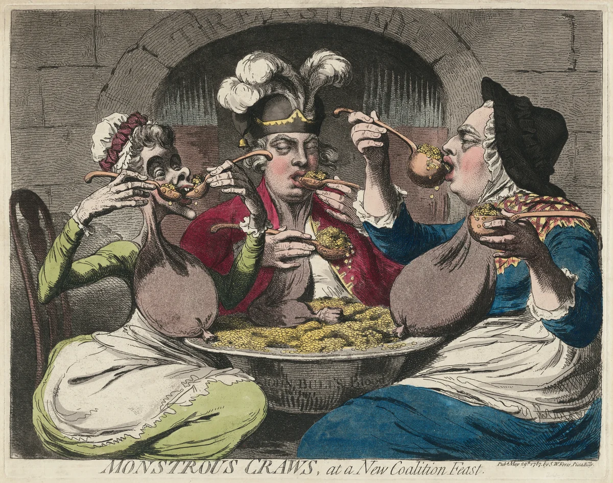 Monstrous Craws, at a New Coalition Feast by James Gillray, print, 1787