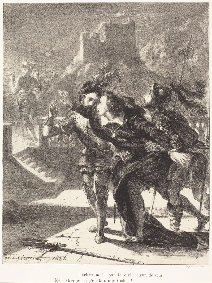 Hamlet Wishes to Follow the Ghost of his Father (Act I, Scene IV) by Eugène Delacroix, portfolio, 1835