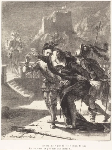 Hamlet Wishes to Follow the Ghost of his Father (Act I, Scene IV) by Eugène Delacroix, portfolio, 1835